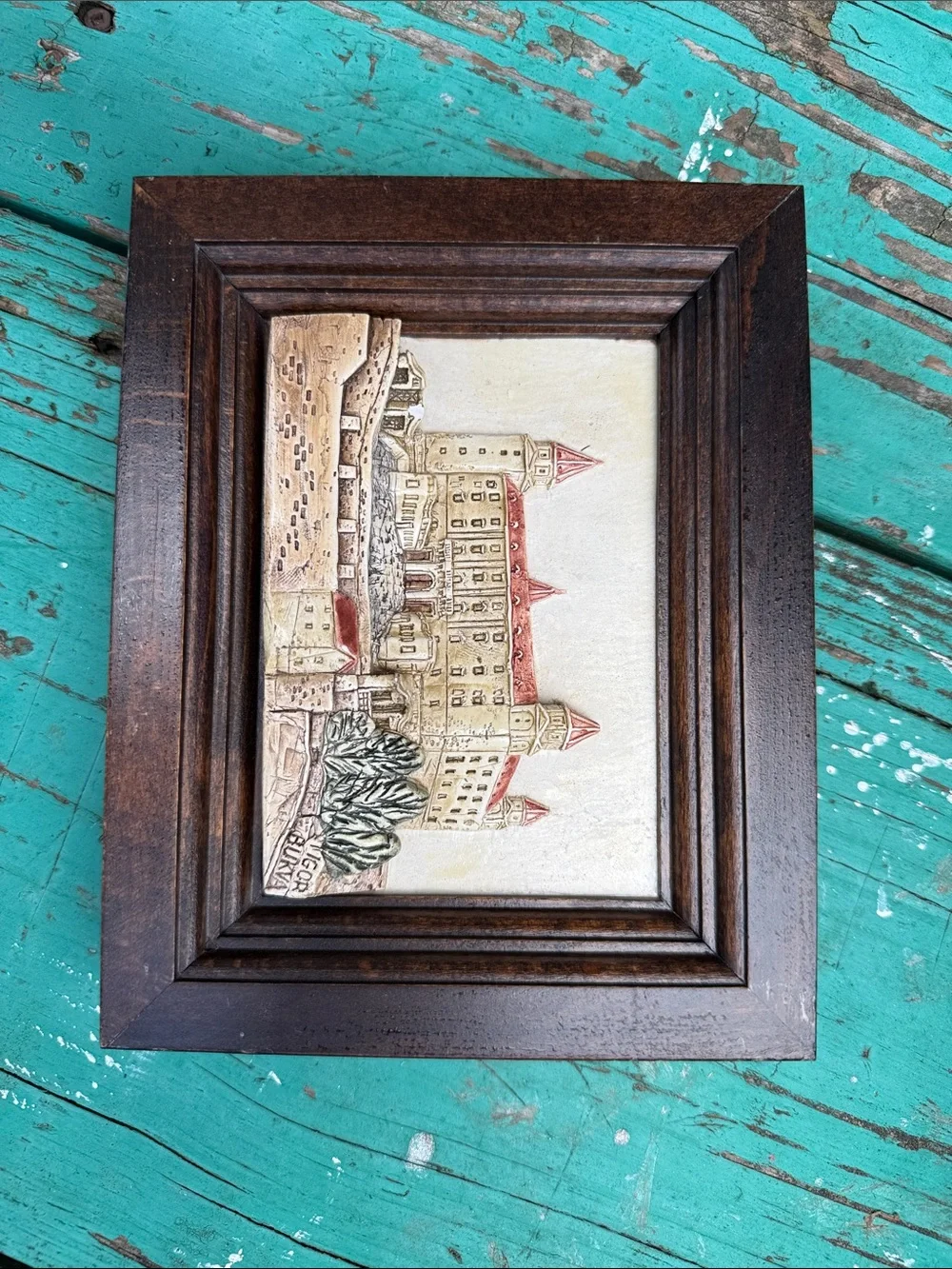 Framed Castle Relief Wall Art in Brown and Crea raised art